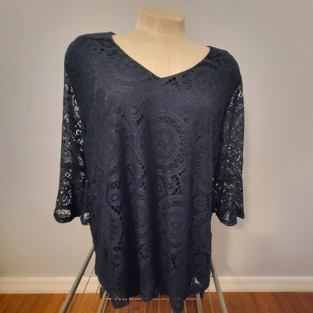 Tacera Women's XL Black Lace 3/4 Bell Sleeve Pullover Top V-Neck New With Tags